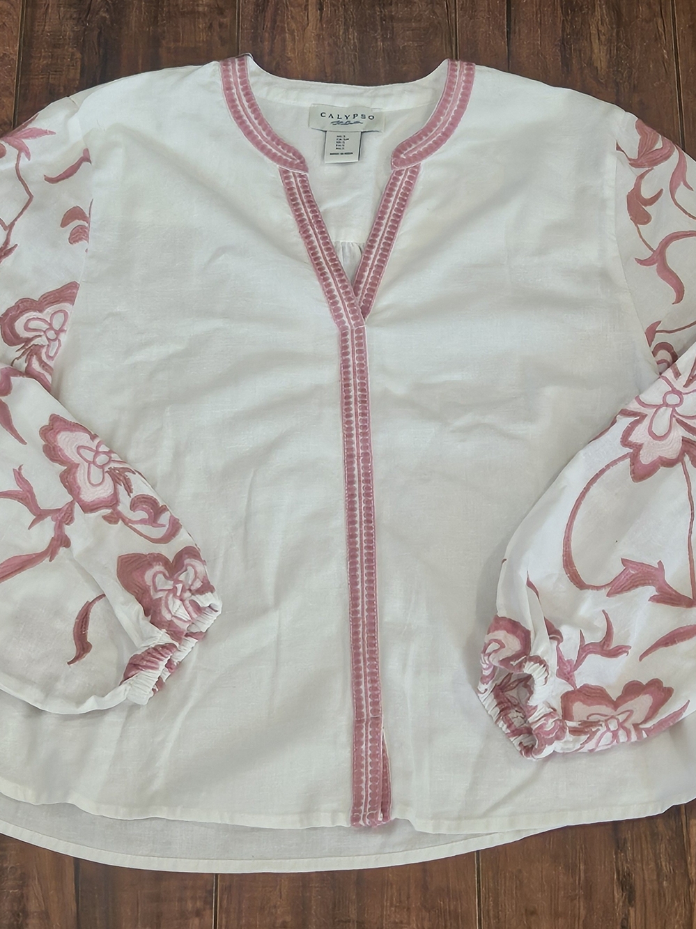 Calypso St. Barth White Blouse with Pink Embroidery